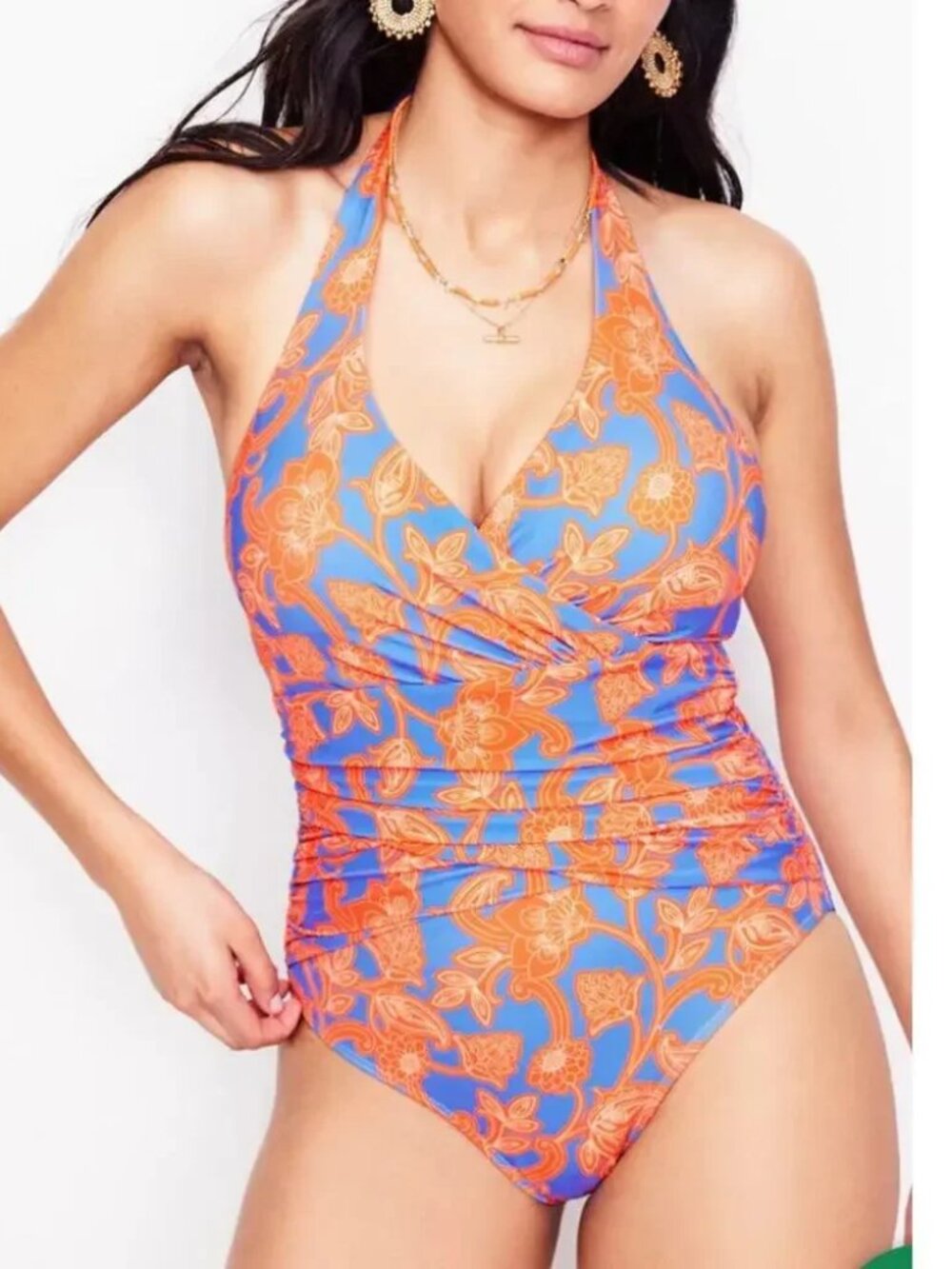 Boden Levanzo Halter Swimsuit Paisley Orange Blue Sz 16/18 R Ruched Padded